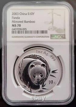 Pièce d'argent de 1 oz Panda en bambou mirroir de la Chine 2003 NGC MS70