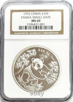 Pièce de 10 Yuan en argent de Chine 1992 1 Oz Panda Petite Date NGC État de Frappe 69