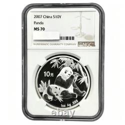 Pièce de 10 yuans Panda argenté chinois 2007 1 oz 999 argent fin NGC MS70