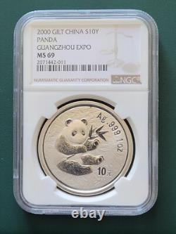 Pièce de Chine 2000 Panda 1 oz 999 Argent NGC MS 69 Expo de Guangzhou Tirage 40 000