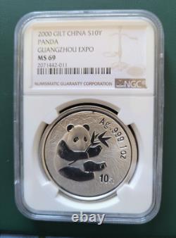 Pièce de Chine 2000 Panda 1 oz 999 Argent NGC MS 69 Expo de Guangzhou Tirage 40 000
