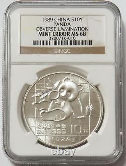 Pièce de Panda en argent de Chine de 1989 de 10 Yuan avec erreur de laminage sur l'avers, état de conservation Mint State 68 selon le classement Ngc.