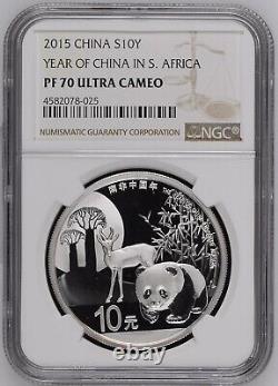 Pièce de monnaie NGC PF70 Panda en argent 2015 Année de la Chine en Afrique du Sud 1oz Faint Red