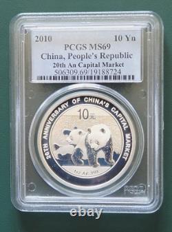 Pièce de monnaie Panda de Chine 2010 1 oz 999 Argent PCGS MS 69 20e Anniversaire du Marché des Capitaux