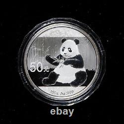 Pièce de monnaie en argent Panda chinois 2017 de 150g, d'une valeur de 50 yuans, en argent pur à 999 %, avec certificat d'authenticité (Coa) et boîte.