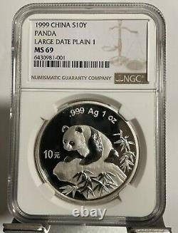 Pièce de panda en argent 1999 de Chine, 10 Yuan 1 oz, Grande donnée simple 1 NGC ms 69