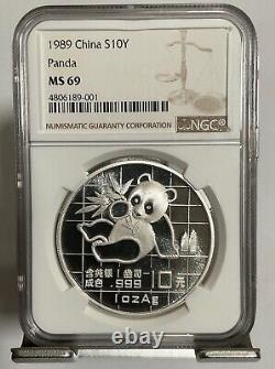 Pièce de panda en argent 1 oz 1989 Chine, grande donnée NGC MS 69