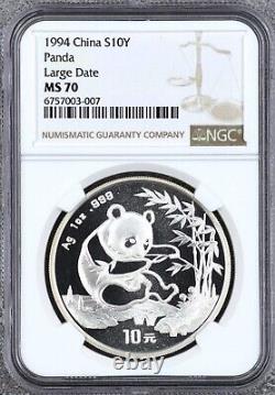 Pièce de panda en argent NGC MS70 1994, grosse date, 1oz, 10 yuan