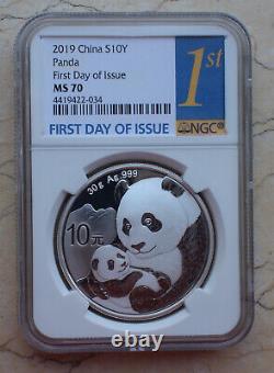 Pièce de panda en argent NGC MS70 Chine 2019 de 30g (Premier jour d'émission)