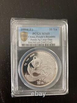 Pièce de panda en argent de 1994 de Chine, 10 yuans, PCGS MS 69, 1 once d'argent pur .999, Grande Date