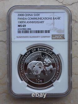 Pièce de panda en argent de 1 once de Chine 2008 NGC MS69 Banque des Communications