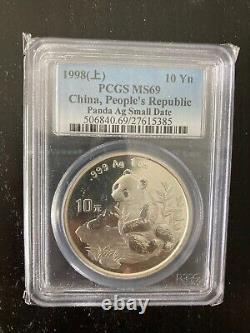 Pièce de panda en argent de Chine de 1998, petite date, 10 yuans, PCGS MS 69, 1 once AG. 999