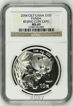 Pièce de panda en argent de Chine de 2004 de 10 yuans, Expo de la Monnaie de Beijing, NGC MS69