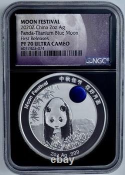 Pièce en argent 2 oz Panda en titane bleu de Chine 2020 NGC PF70UCAM 1ères Éditions