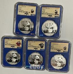 Pièce en argent PANDA de la Chine 2017 30G. 999 NGC MS70 Étiquette PANDA spéciale 5PCS