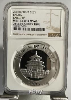 Pièce en argent Panda 1 oz D 2001 de Chine, erreur de frappe NGC MS69
