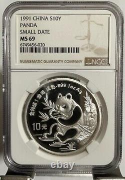Pièce en argent Panda de 10 YUAN de Chine 1991 1 oz NGC MS 69 Petite date