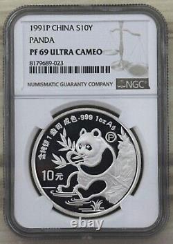 Pièce en argent Panda de 10 Y Yuan de Chine 1991 Ounce Oz NGC P PROOF PF 69 Ultra Cameo UC