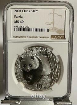 Pièce en argent Panda de 1 oz, Chine 2001, NGC MS69