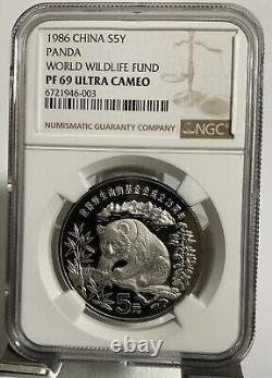 Pièce en argent Panda de 5 Yuan 22g du Fonds Mondial pour la Nature de Chine 1986 NGC PF69