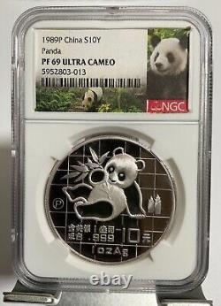 Pièce en argent Panda de Chine 1989 1 OZ 10 Yuan, épreuve NGC PF69 étiquette panda