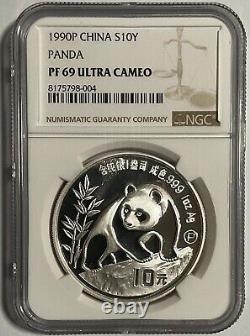 Pièce en argent Panda de Chine 1990 1 OZ 10 Yuan épreuve, NGC PF69