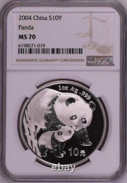 Pièce en argent Panda de Chine NGC MS70 1 once 2004