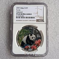 Pièce en argent colorisée Panda Chine 1997 de 1 once NGC PF69 10 YUAN Chine