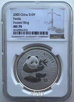Pièce en argent de 1 once Panda NGC MS70 Chine 2000 avec anneau givré, 10 yuan