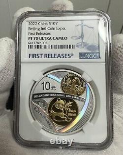 Pièce en argent panda de 30g de l'Exposition internationale de pièces de monnaie de Beijing 2022, classée NGC PF70 FR.