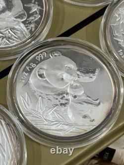 Rare 9 x Chine Pièces/Rondes en Argent Chinois 999 Panda 1oz/BU/Épreuve 1989-2006 Set