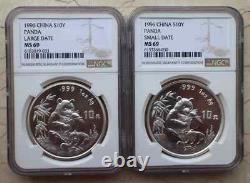 Une paire de pièces en argent Panda de 1 oz NGC MS69 Chine 1996 (petite et grande date)